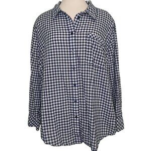 Lane Bryant Womens Blue & White Plaid Button-Up Shirt 24W Long Sleeve Cotton